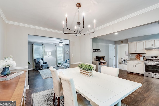 5548 Fitzpatrick Trce, Peachtree Corners, GA 30092 - dining area with a chandelier, ornamental molding, dark wood-style floors, a ceiling fan, and baseboards