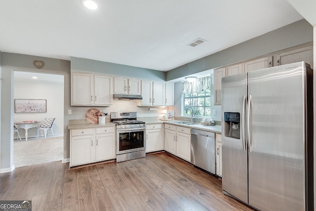 5548 Fitzpatrick Trce, Peachtree Corners, GA 30092 - kitchen featuring appliances with stainless steel finishes, under cabinet range hood, a sink, light countertops, and light wood-style flooring