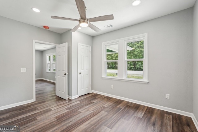 399 N Chestatee St, Dahlonega, GA 30533 - unfurnished bedroom featuring baseboards, dark wood finished floors, recessed lighting, and a ceiling fan