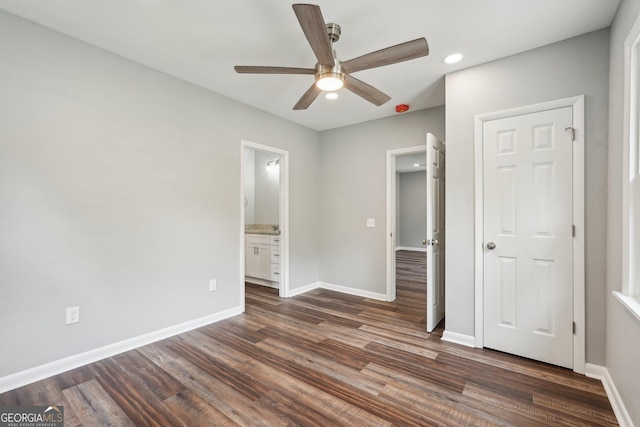399 N Chestatee St, Dahlonega, GA 30533 - unfurnished bedroom with dark wood-type flooring, recessed lighting, baseboards, ensuite bathroom, and a ceiling fan