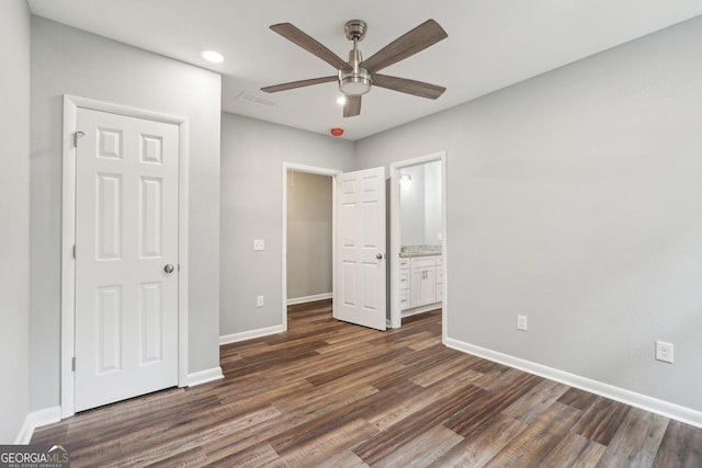 399 N Chestatee St, Dahlonega, GA 30533 - unfurnished bedroom with dark wood-style flooring, baseboards, recessed lighting, ensuite bathroom, and a ceiling fan