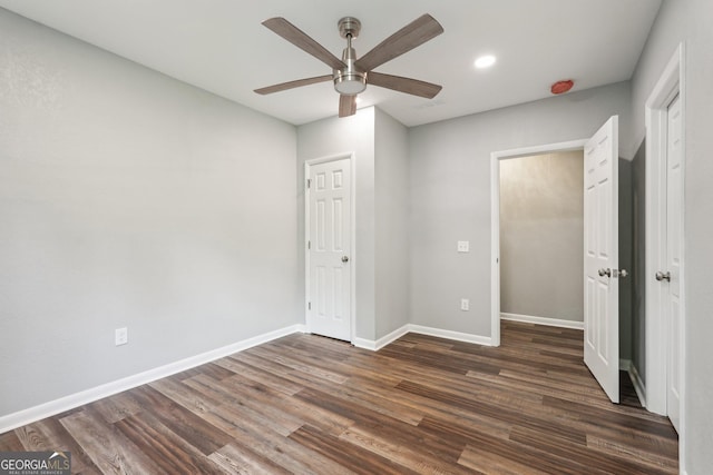 399 N Chestatee St, Dahlonega, GA 30533 - unfurnished bedroom featuring dark wood-style flooring, baseboards, recessed lighting, and ceiling fan