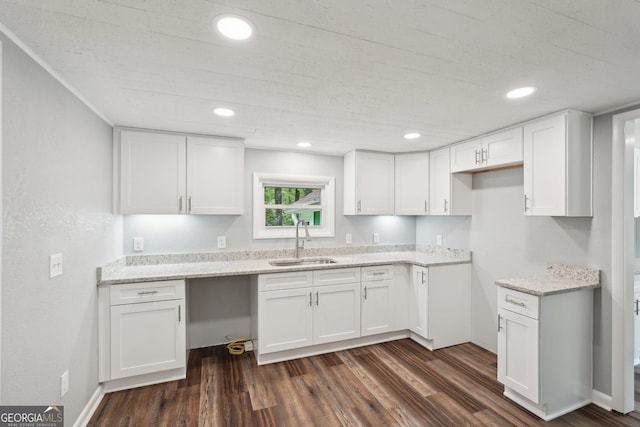 399 N Chestatee St, Dahlonega, GA 30533 - kitchen with a sink, white cabinets, dark wood-style floors, light stone counters, and recessed lighting