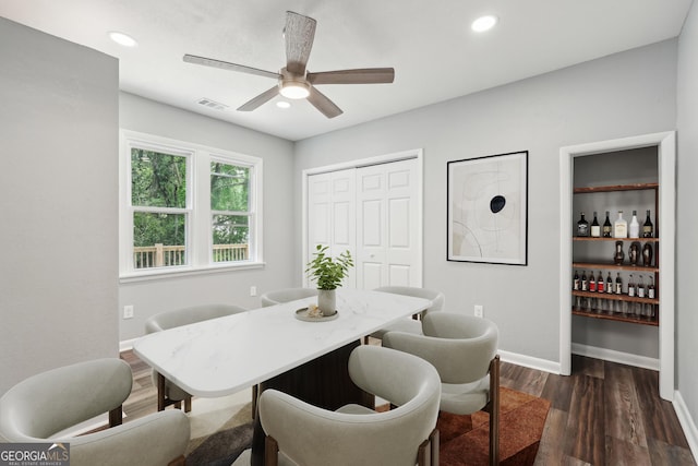 399 N Chestatee St, Dahlonega, GA 30533 - dining area featuring dark wood-style flooring, ceiling fan, baseboards, recessed lighting, and a dry bar