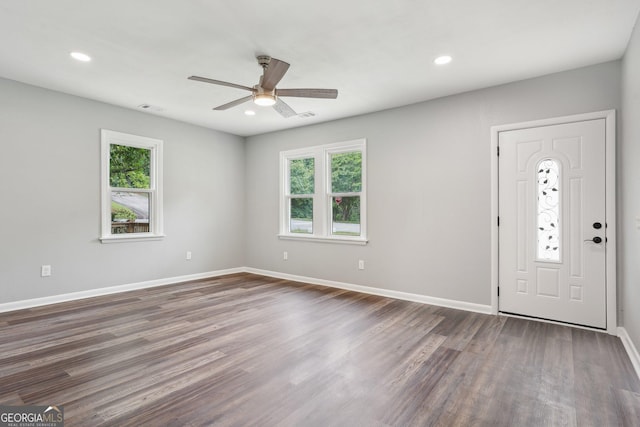 399 N Chestatee St, Dahlonega, GA 30533 - foyer with ceiling fan, plenty of natural light, dark wood-type flooring, baseboards, and recessed lighting