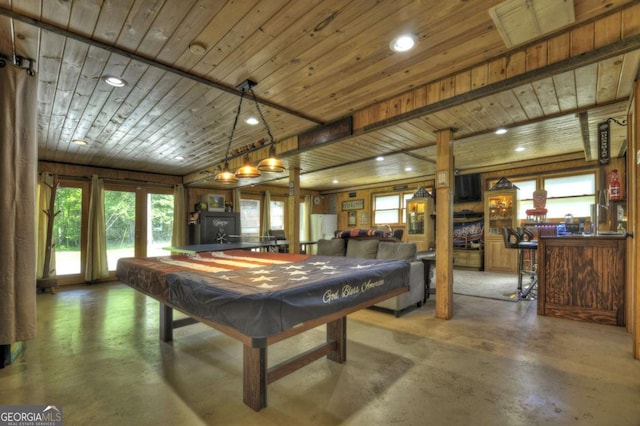 241 Dunn Mill Creek Rd, Blue Ridge, GA 30513 - recreation room with pool table, concrete floors, recessed lighting, ornate columns, and wooden ceiling