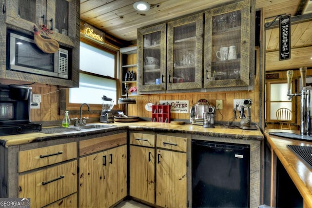 241 Dunn Mill Creek Rd, Blue Ridge, GA 30513 - kitchen with dishwasher, stainless steel microwave, wood ceiling, and glass insert cabinets
