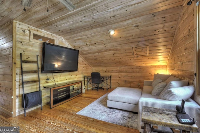 241 Dunn Mill Creek Rd, Blue Ridge, GA 30513 - living area with lofted ceiling, wooden ceiling, wood finished floors, and wood walls