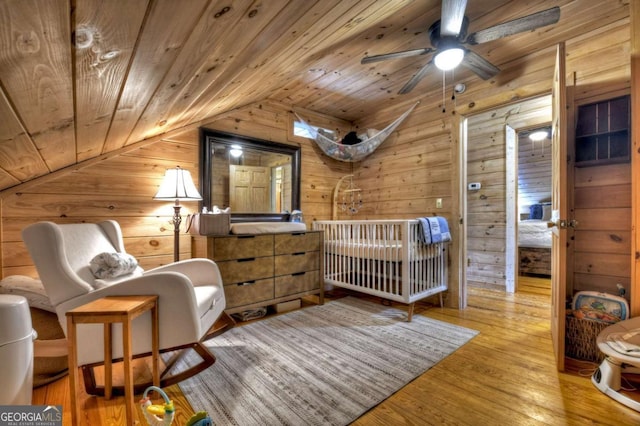 241 Dunn Mill Creek Rd, Blue Ridge, GA 30513 - bedroom with wood walls, vaulted ceiling, hardwood / wood-style flooring, and wood ceiling