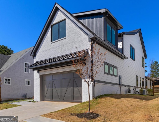1240 Hayes Sq, Peachtree City, GA 30269 - view of home's exterior with an attached garage, a standing seam roof, driveway, cooling unit, and a lawn