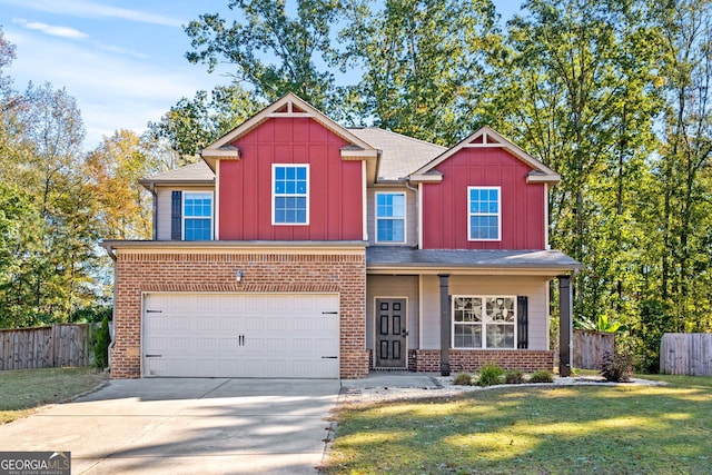 475 Louise Way, Locust Grove, GA 30248 - craftsman-style home with board and batten siding, driveway, a garage, brick siding, and covered porch
