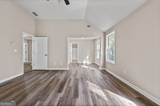 475 Louise Way, Locust Grove, GA 30248 - unfurnished living room with ceiling fan, lofted ceiling, dark wood-style flooring, and baseboards