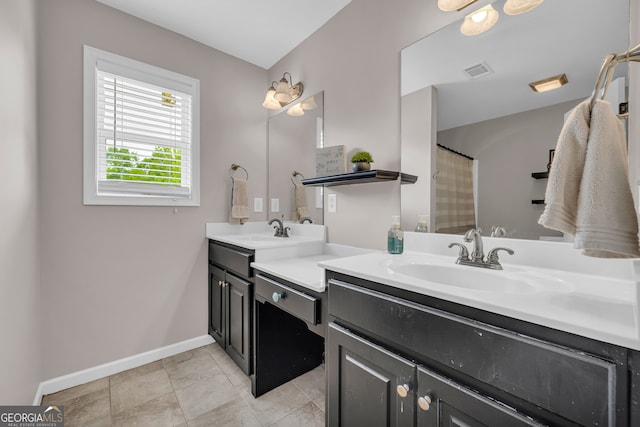 152 Charity Dr, Homer, GA 30547 - bathroom with vanity, baseboards, a shower with shower curtain, and tile patterned floors