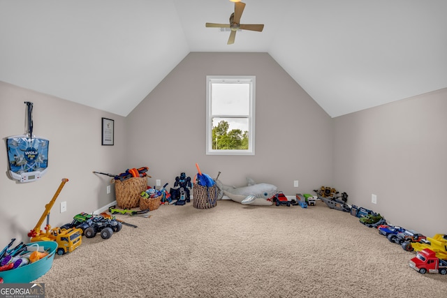 152 Charity Dr, Homer, GA 30547 - playroom featuring ceiling fan, carpet flooring, and lofted ceiling