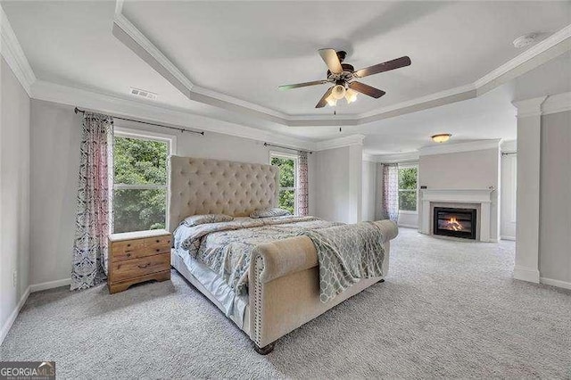 204 Starwood Ct, Acworth, GA 30102 - bedroom featuring carpet floors, a raised ceiling, crown molding, baseboards, and a glass covered fireplace