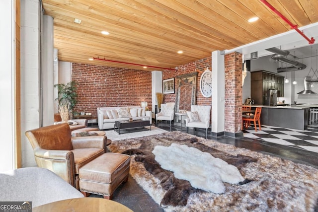 87 Peachtree St SW Unit 209, Atlanta, GA 30303 - living room featuring brick wall, wooden ceiling, and recessed lighting