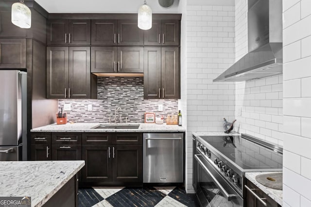 87 Peachtree St SW Unit 209, Atlanta, GA 30303 - kitchen with stainless steel appliances, wall chimney exhaust hood, a sink, and backsplash