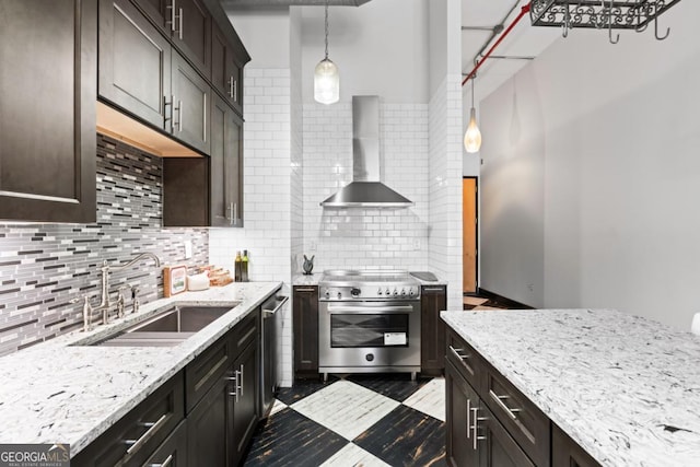 87 Peachtree St SW Unit 209, Atlanta, GA 30303 - kitchen with stainless steel appliances, a sink, wall chimney exhaust hood, light stone counters, and backsplash