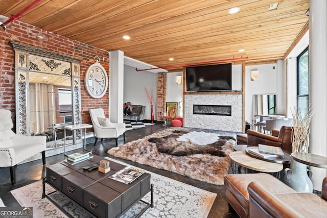 87 Peachtree St SW Unit 209, Atlanta, GA 30303 - living room with wooden ceiling, a glass covered fireplace, brick wall, and recessed lighting