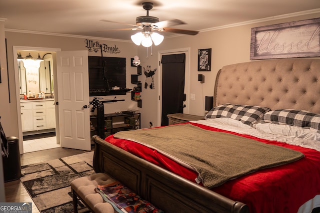 4076 Airline Rd, Mcdonough, GA 30252 - bedroom featuring crown molding, ceiling fan, and ensuite bathroom