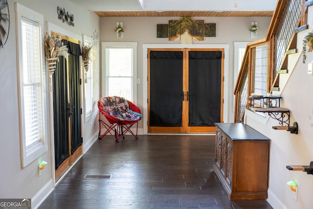 4076 Airline Rd, Mcdonough, GA 30252 - entryway featuring baseboards, dark wood-style floors, stairway, and french doors