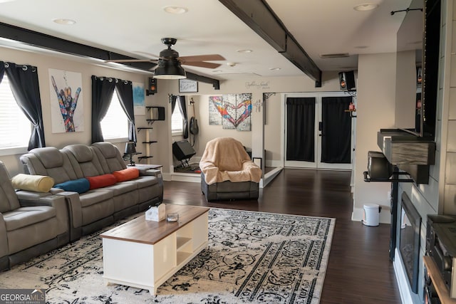 4076 Airline Rd, Mcdonough, GA 30252 - living room with a ceiling fan, wood finished floors, baseboards, recessed lighting, and beamed ceiling