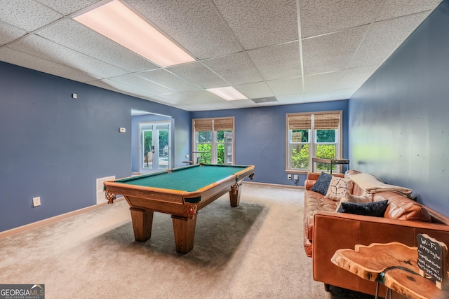 635 Piping Rock Pt, Lawrenceville, GA 30043 - rec room with a drop ceiling, carpet flooring, billiards table, and baseboards