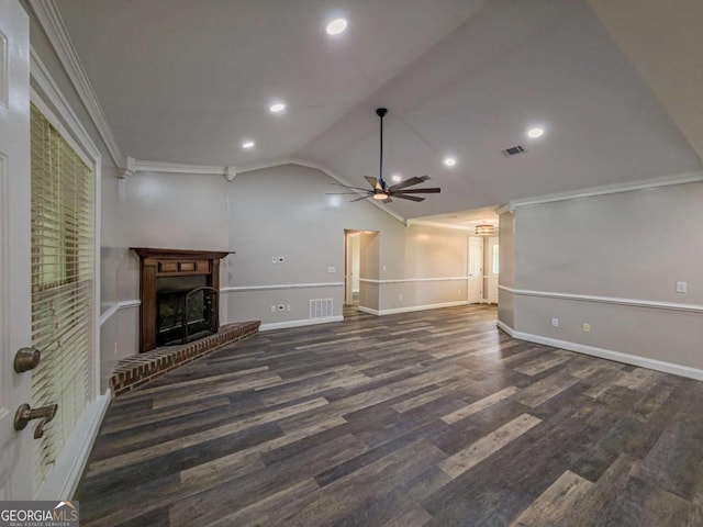34 Alan Ln Unit 7, Tifton, GA 31793 - unfurnished living room featuring ornamental molding, a ceiling fan, a fireplace, recessed lighting, and wood finished floors