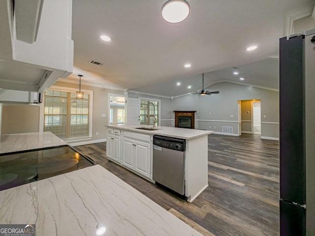 34 Alan Ln Unit 7, Tifton, GA 31793 - kitchen featuring dishwasher, a sink, dark wood-type flooring, white cabinets, and crown molding