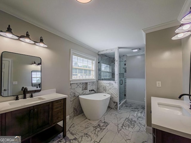 34 Alan Ln Unit 7, Tifton, GA 31793 - bathroom with two vanities, marble finish floors, a stall shower, crown molding, and a freestanding bath