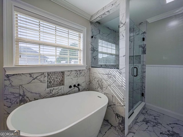 34 Alan Ln Unit 7, Tifton, GA 31793 - full bathroom featuring marble finish flooring, a freestanding bath, crown molding, a stall shower, and a wainscoted wall