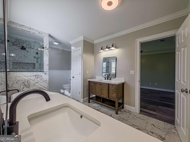 34 Alan Ln Unit 7, Tifton, GA 31793 - full bathroom featuring ornamental molding, marble look tiles, toilet, vanity, and a marble finish shower