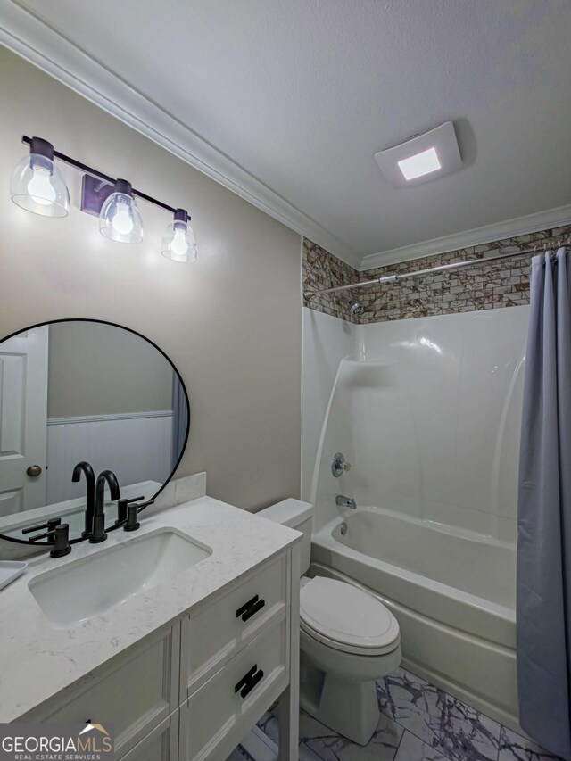 34 Alan Ln Unit 7, Tifton, GA 31793 - bathroom featuring ornamental molding, shower / bath combination with curtain, marble finish floors, vanity, and toilet