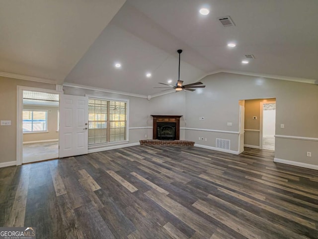 34 Alan Ln Unit 7, Tifton, GA 31793 - unfurnished living room featuring a ceiling fan, ornamental molding, dark wood-style flooring, vaulted ceiling, and a fireplace