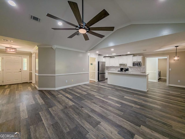 34 Alan Ln Unit 7, Tifton, GA 31793 - unfurnished living room featuring baseboards, a ceiling fan, recessed lighting, dark wood-style floors, and crown molding