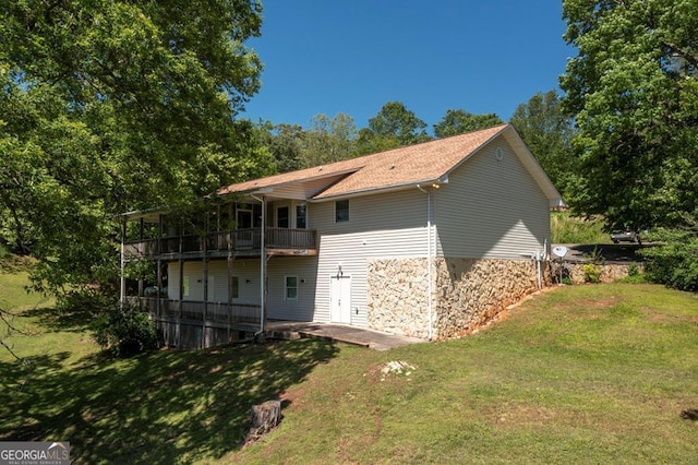 156 Spoon Hill Dr, Hayesville, NC 28904 - rear view of property featuring a yard, a patio, and stone siding