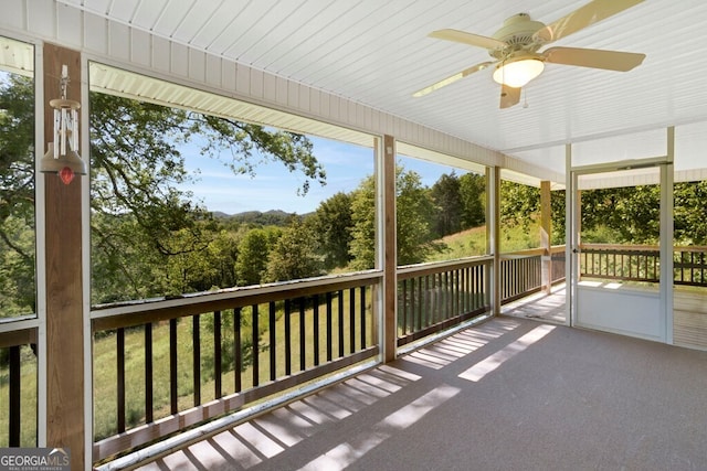156 Spoon Hill Dr, Hayesville, NC 28904 - unfurnished sunroom featuring a ceiling fan