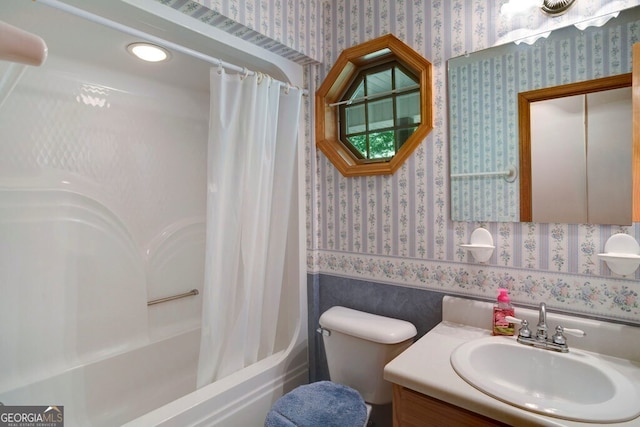 156 Spoon Hill Dr, Hayesville, NC 28904 - bathroom with wallpapered walls, vanity, shower / tub combo with curtain, and toilet