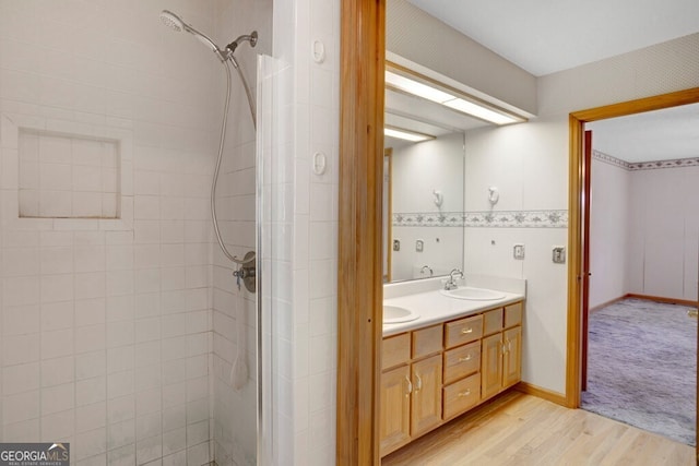156 Spoon Hill Dr, Hayesville, NC 28904 - full bathroom featuring a shower stall, double vanity, and wood finished floors