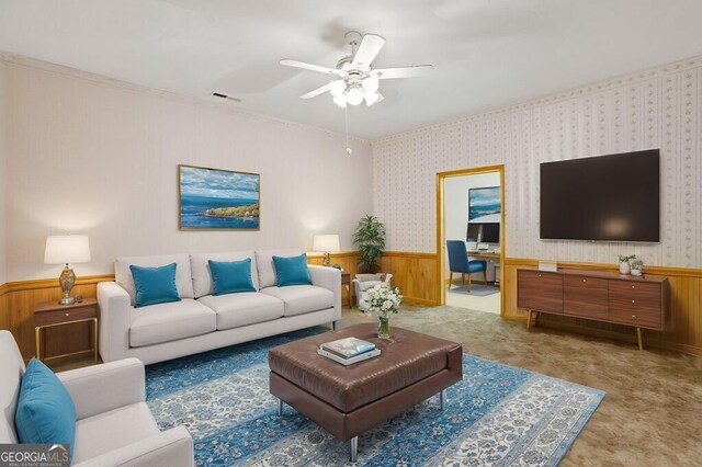 156 Spoon Hill Dr, Hayesville, NC 28904 - carpeted living room with a wainscoted wall, ceiling fan, and wood walls