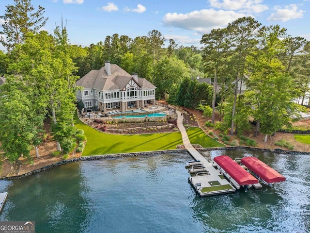 1461 N Shore Dr, Greensboro, GA 30642 - dock area featuring a water view, a lawn, a balcony, and boat lift