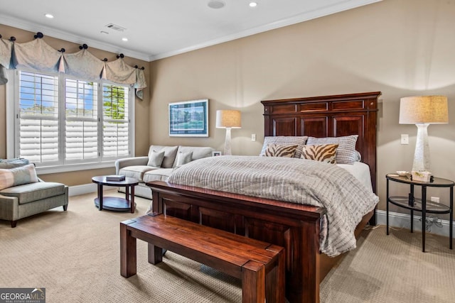 1461 N Shore Dr, Greensboro, GA 30642 - bedroom featuring light carpet, baseboards, crown molding, and recessed lighting