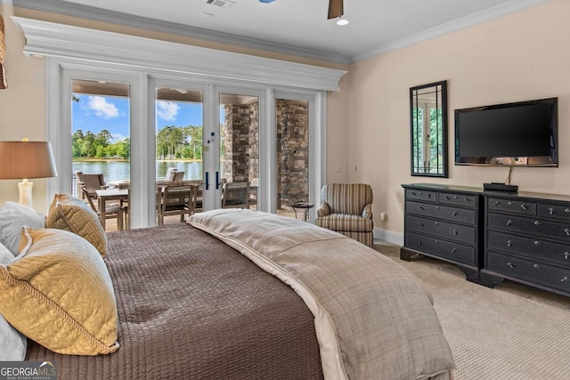 1461 N Shore Dr, Greensboro, GA 30642 - bedroom with access to outside, french doors, a water view, carpet flooring, and ornamental molding