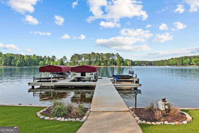 1461 N Shore Dr, Greensboro, GA 30642 - dock featuring boat lift, a water view, and a view of trees