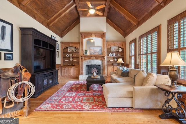 13037 Overlook Pass, Roswell, GA 30075 - living room featuring wood ceiling with exposed beams, a ceiling fan, wood finished floors, a premium fireplace, and high vaulted ceiling