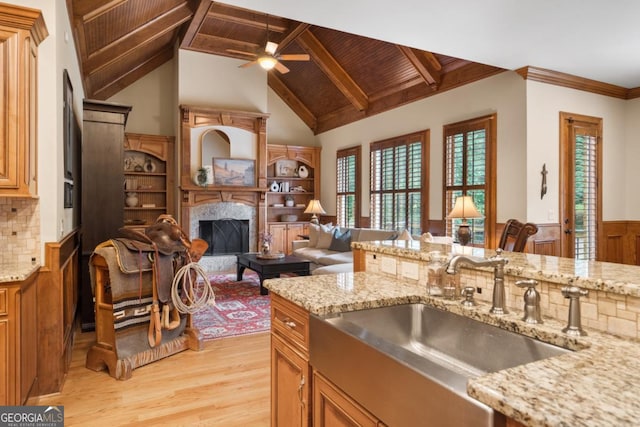 13037 Overlook Pass, Roswell, GA 30075 - kitchen with light wood-style floors, a sink, wooden ceiling, a premium fireplace, and a ceiling fan