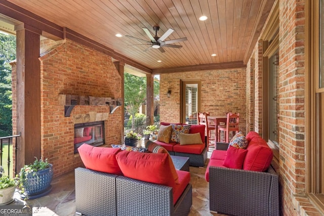13037 Overlook Pass, Roswell, GA 30075 - view of patio featuring an outdoor living space with a fireplace and a ceiling fan