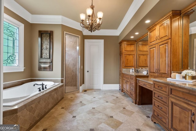 13037 Overlook Pass, Roswell, GA 30075 - bathroom featuring a bath, recessed lighting, vanity, a chandelier, and a stall shower