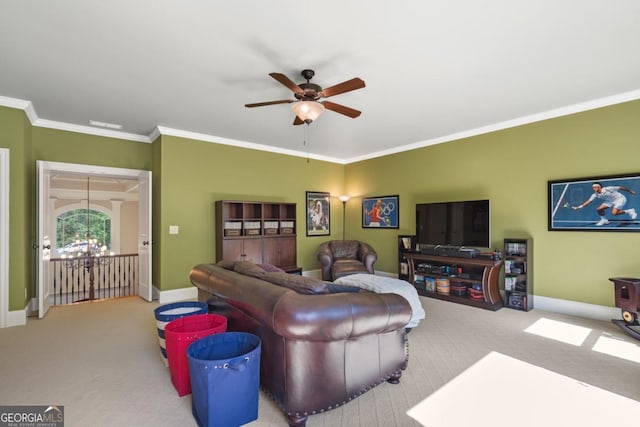 13037 Overlook Pass, Roswell, GA 30075 - living area featuring a ceiling fan, crown molding, carpet flooring, and baseboards