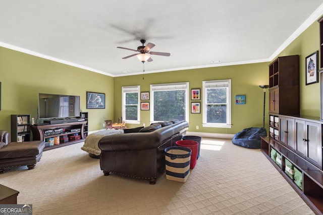 13037 Overlook Pass, Roswell, GA 30075 - living area with carpet floors, ceiling fan, and ornamental molding